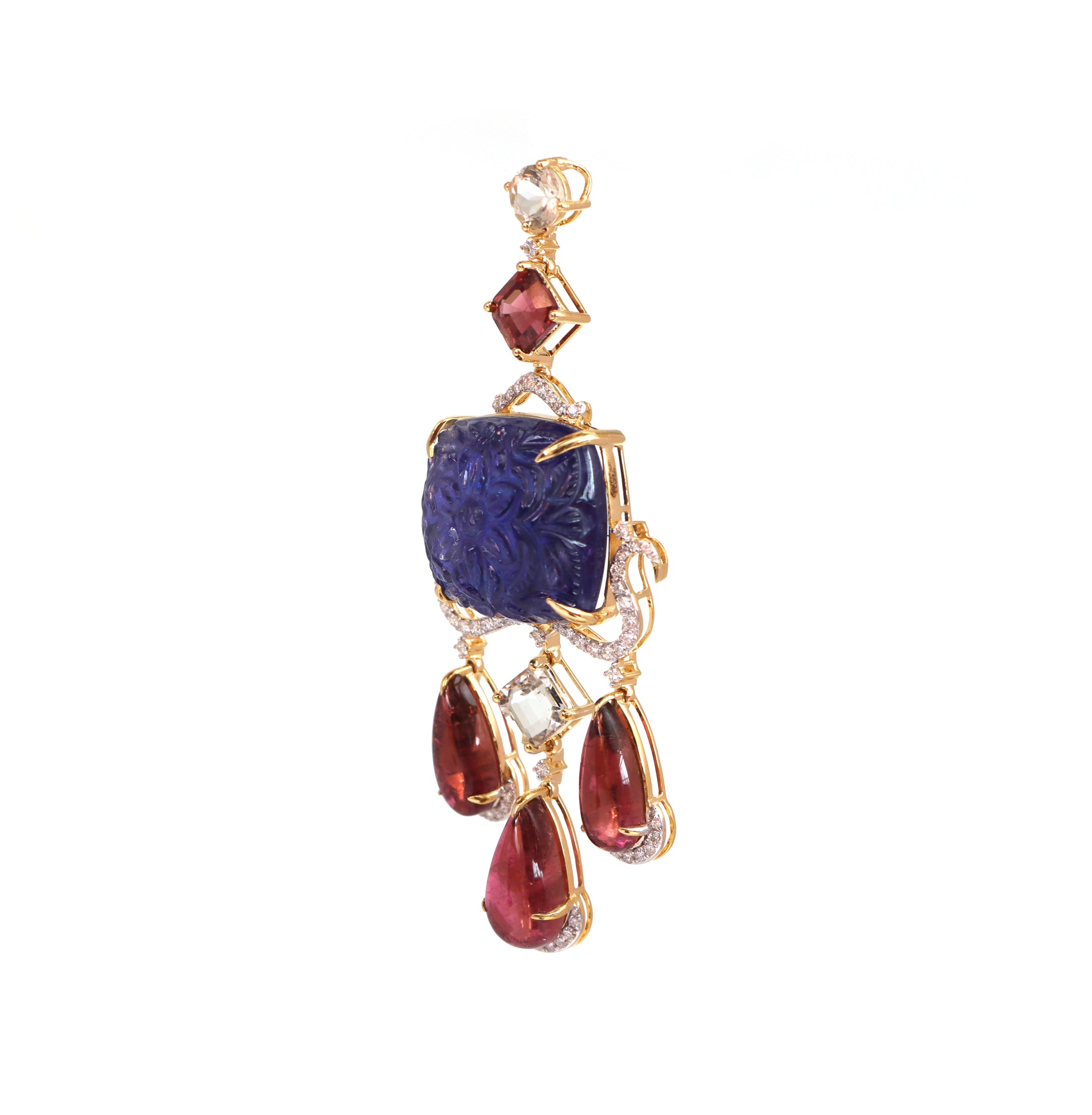 Natural Tourmaline and Tanzanite 18K gold pendant on-hand view - NFJSD-1464