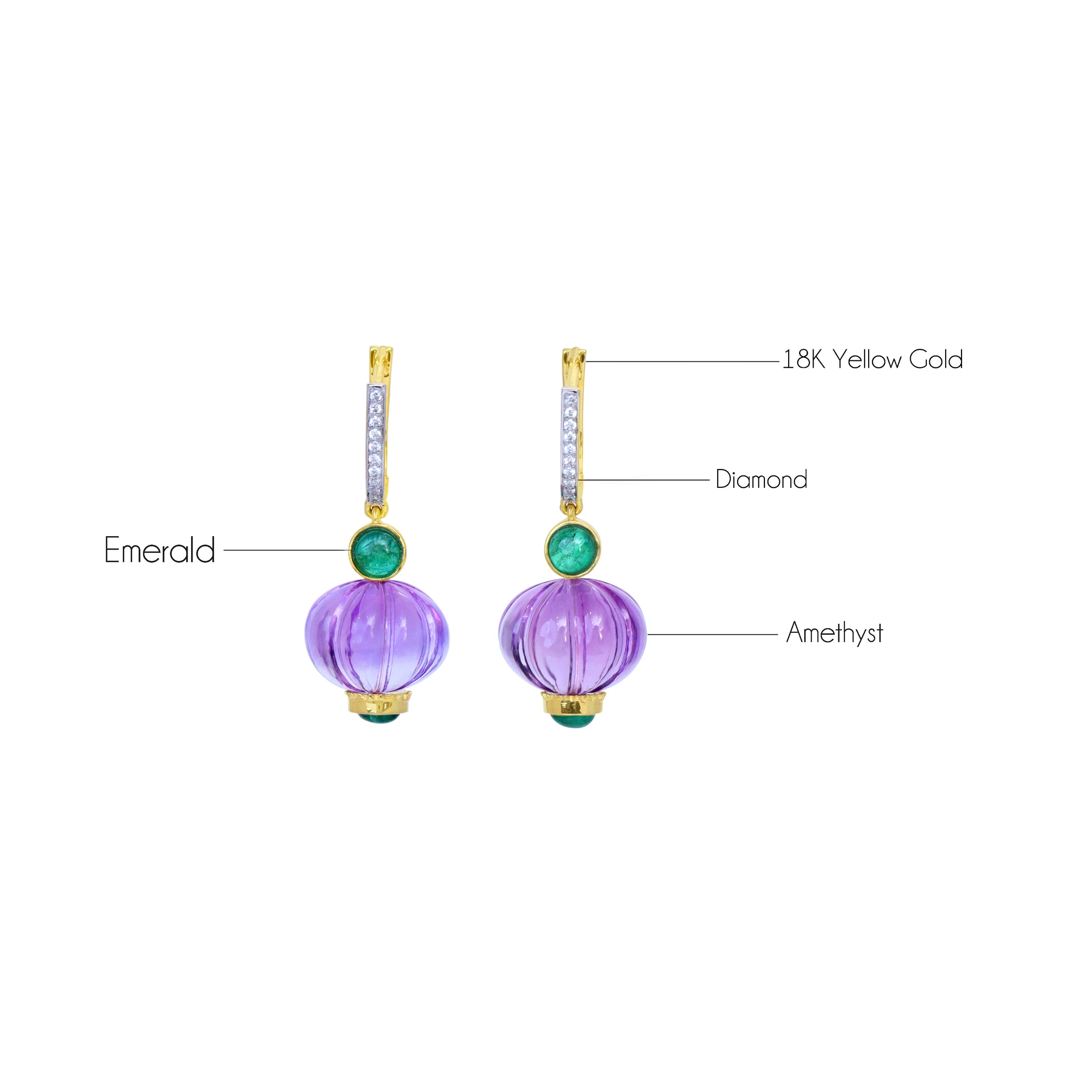 Natural Amethyst and Emerald 18K gold earrings top view - NFJSD-1777
