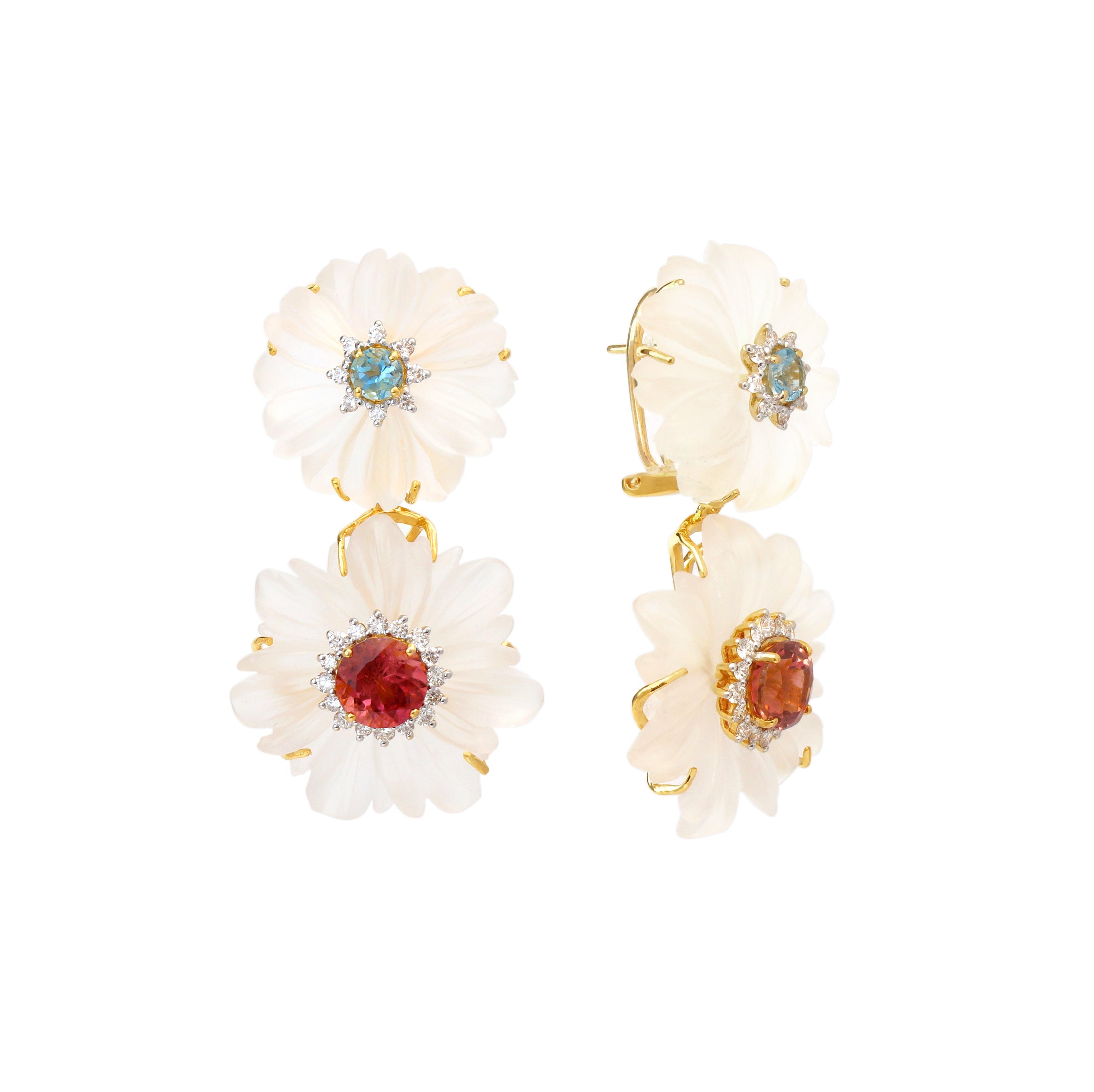 Natural Crystal Carving and Aquamarine 18K gold earrings on-hand view - NFJSD-1803