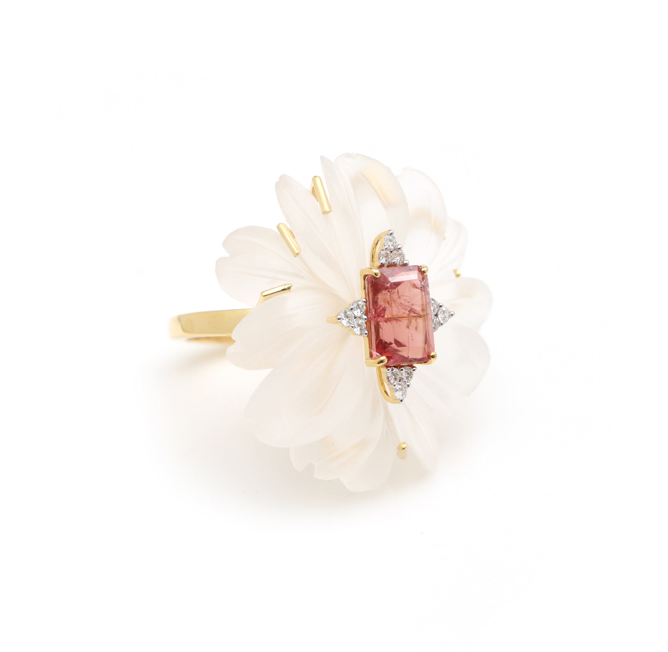 Natural Tourmaline Rectangle Cut and Crystal Quartz Carving  Flower 14K gold ring close-up detail - NFJSD-1246