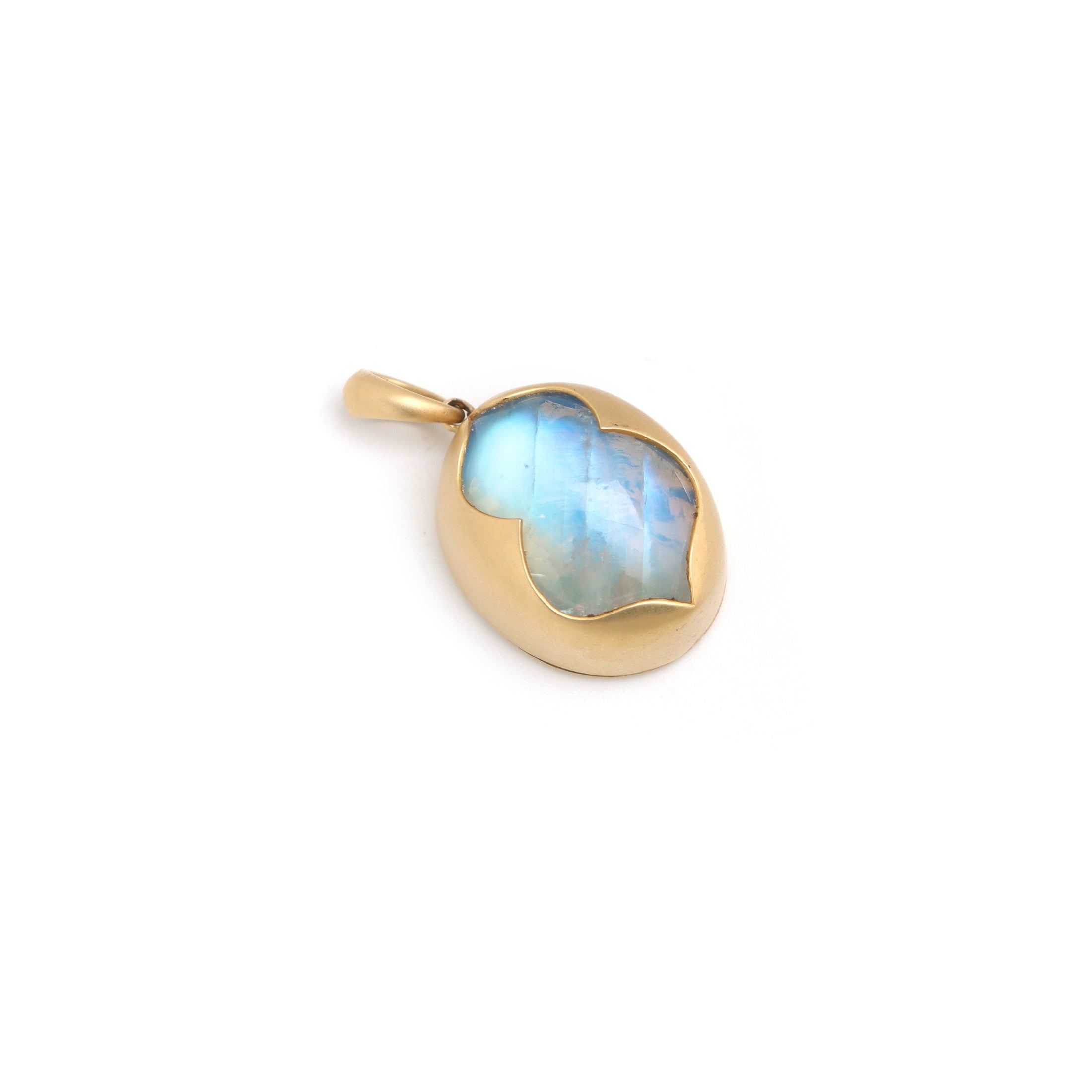 Natural Rainbow Moonstone Oval Cab and Black Onyx Oval Coin 18K gold pendant top view - NFJSD-1413