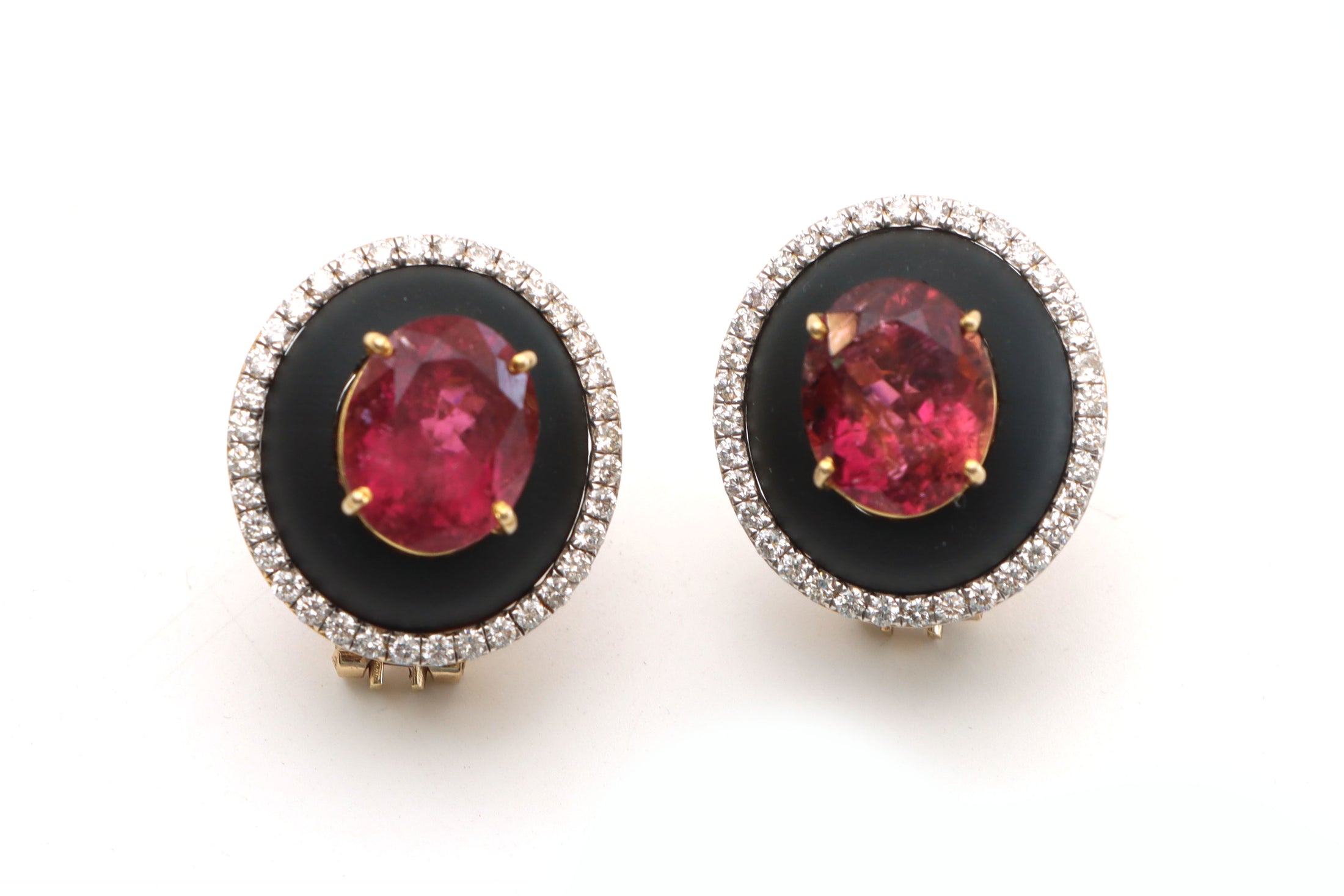 Natural Black Onyx Frame and Pink Tourmaline oval cut 14K gold earrings front view - NFJSD-1022