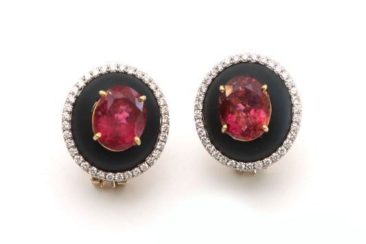 Natural Black Onyx Frame and Pink Tourmaline oval cut 14K gold earrings front view - NFJSD-1022