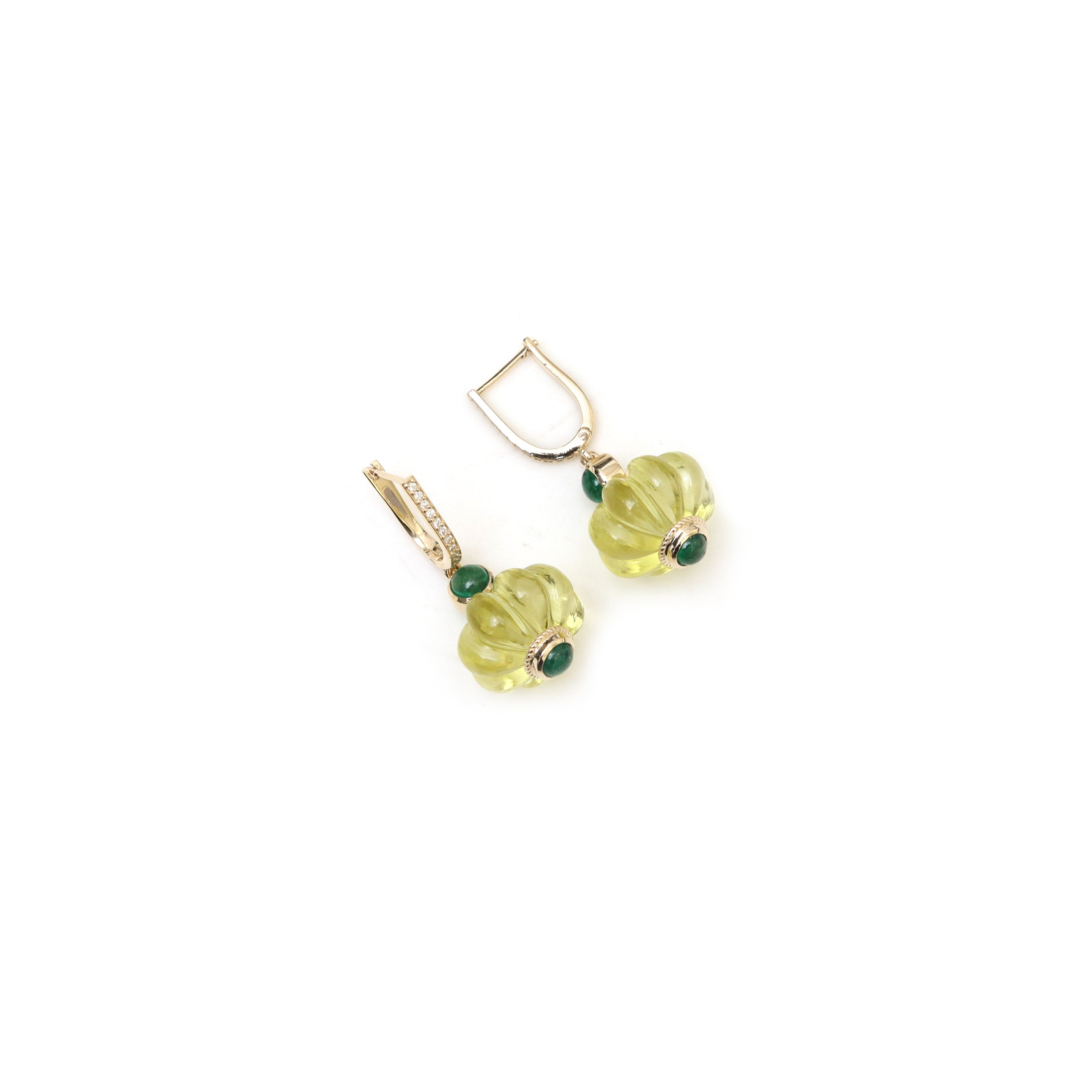 Natural Lemon Quartz and Emerald 14K gold earrings front view - NFJSD-2004