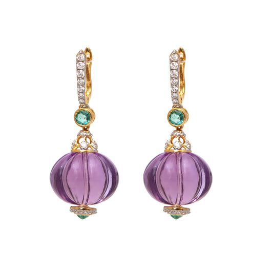 Natural Amethyst and Emerald 18K gold earrings front view - NFJSD-1601