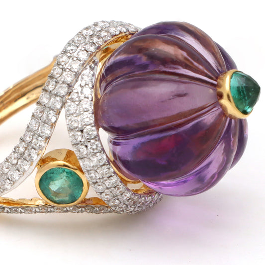 Natural Amethyst and Emerald 18K gold ring side angle - NFJSD-1696
