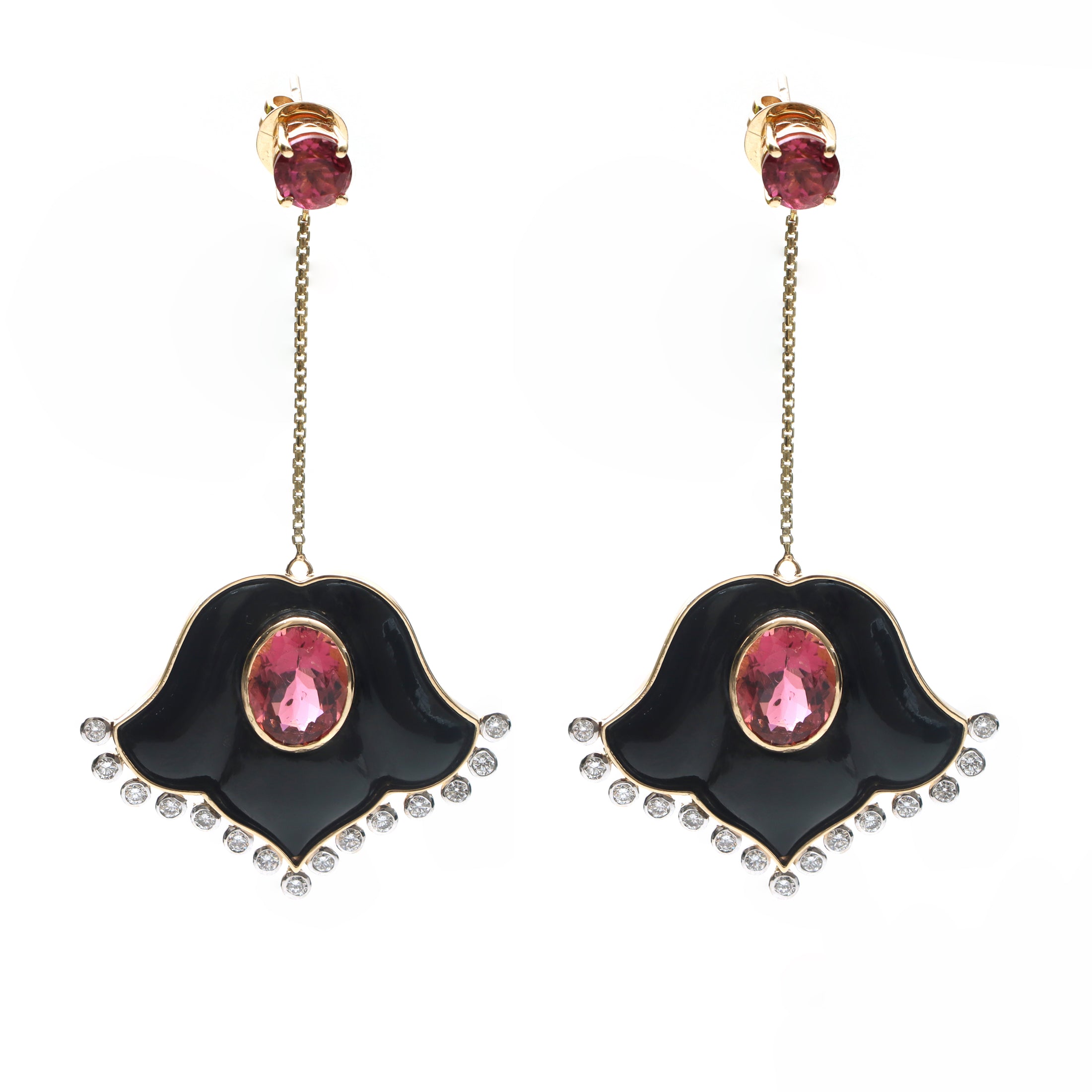 Natural Tourmaline Oval Cut and Black onyx Flower 14K gold earrings close-up detail - NFJSD-1038
