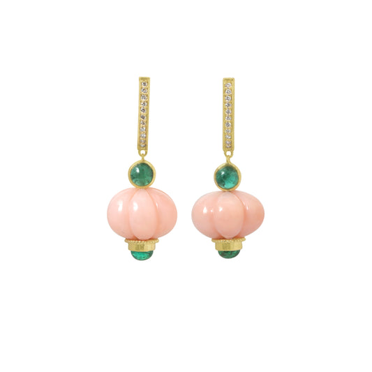 Natural Pink Opal Melon and Emerald 14K gold earrings front view - NFJSD-1915