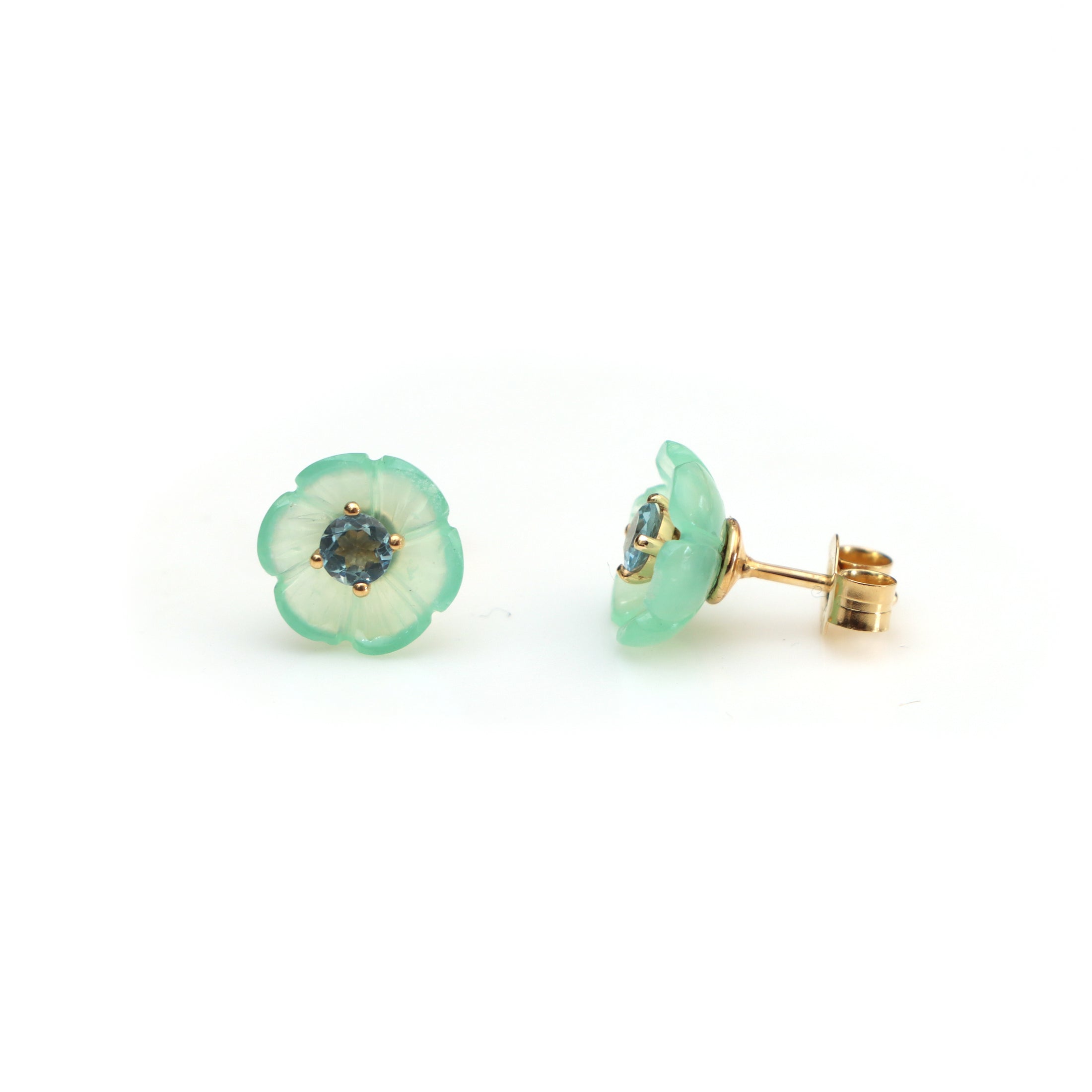 Natural Chrysoprase and Aquamarine 14K gold earrings front view - NFJSD-1500
