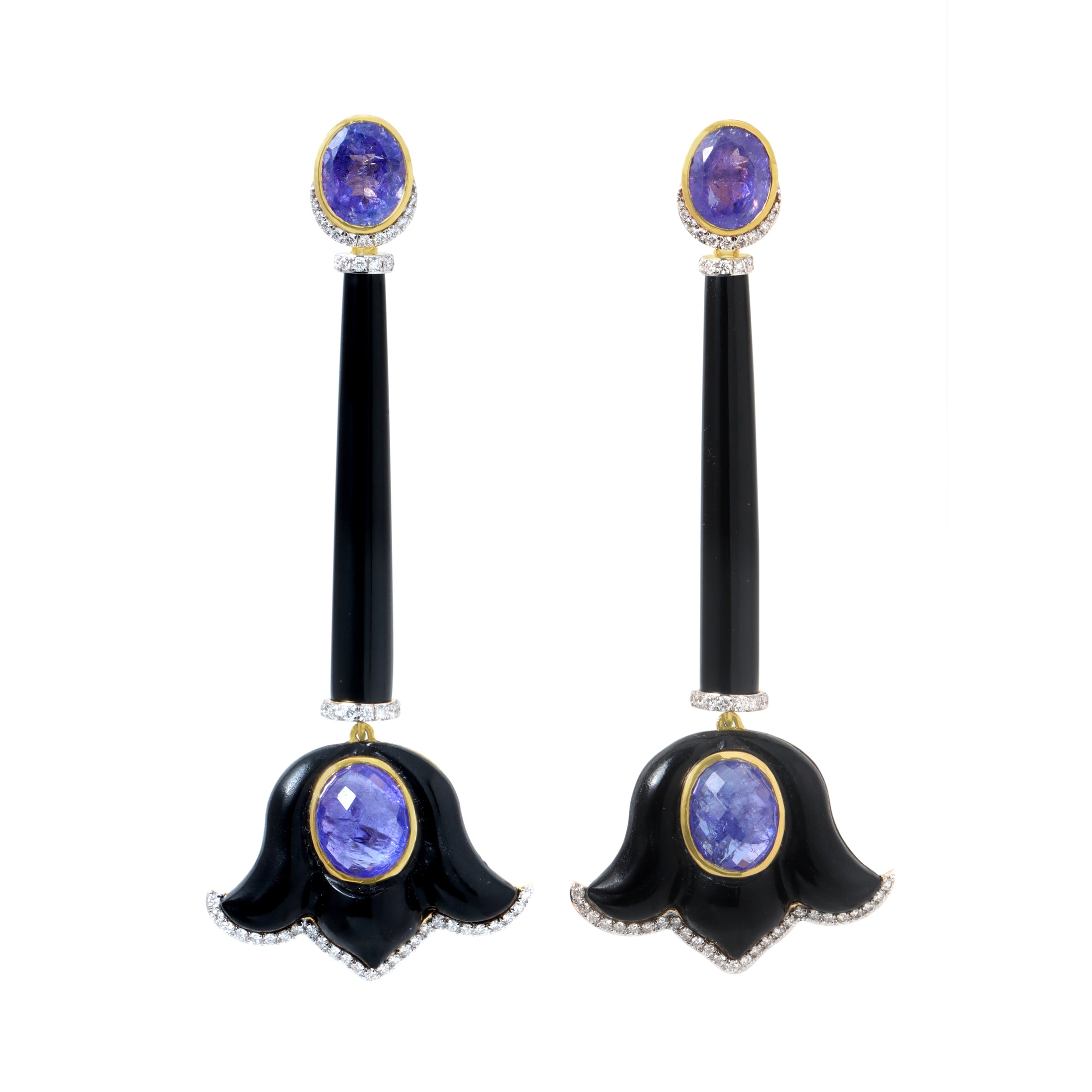 Natural Black Onyx and Tanzanite 18K gold earrings on-hand view - NFJSD-1834
