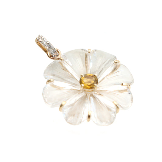 Natural Yellow Aqua Round Cut and Crystal Carving Flower 14K gold pendant front view - NFJSD-1102
