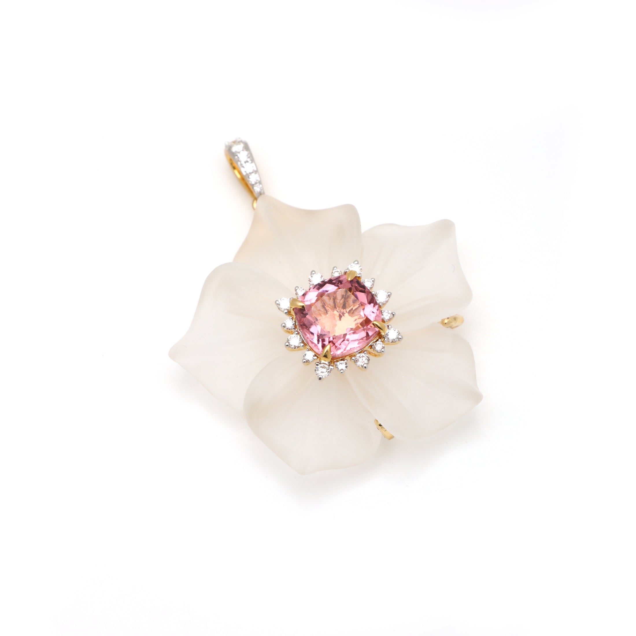 Natural Crystal Carving and Tourmaline Mix 18K gold pendant front view - NFJSD-1662