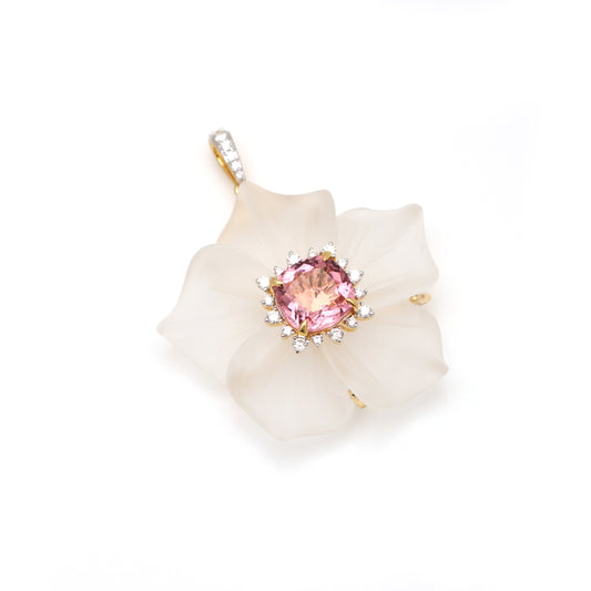 Natural Crystal Carving and Tourmaline Mix 18K gold pendant front view - NFJSD-1662