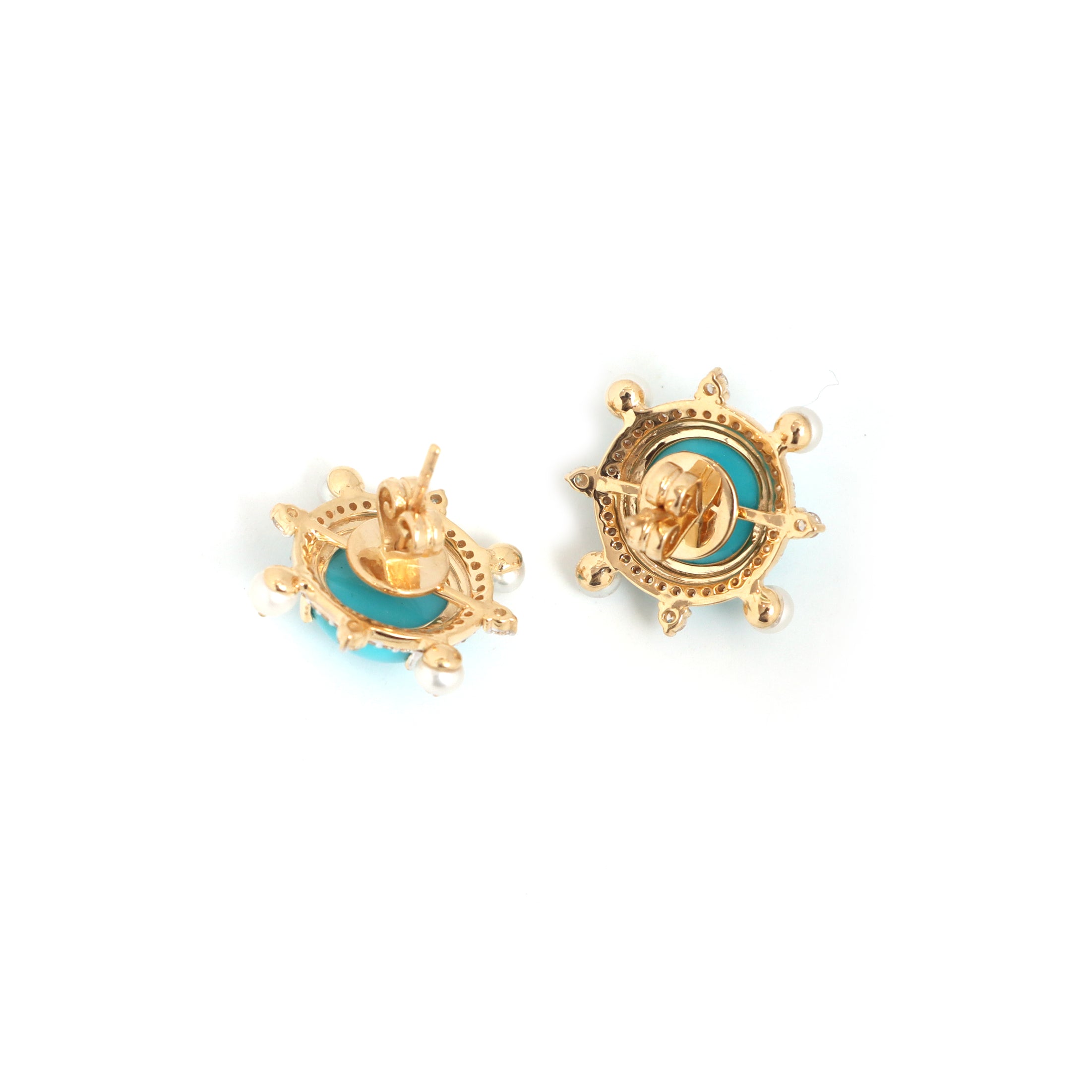 Natural Turquoise and Pearl 18K gold earrings back view - NFJSD-1827