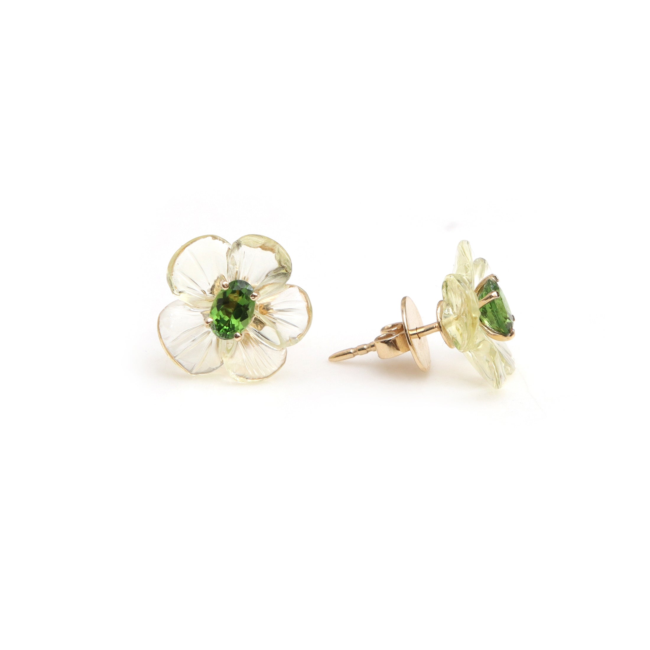 Natural Lemon Quartz and Tsavorite 14K gold earrings front view - NFJSD-2052