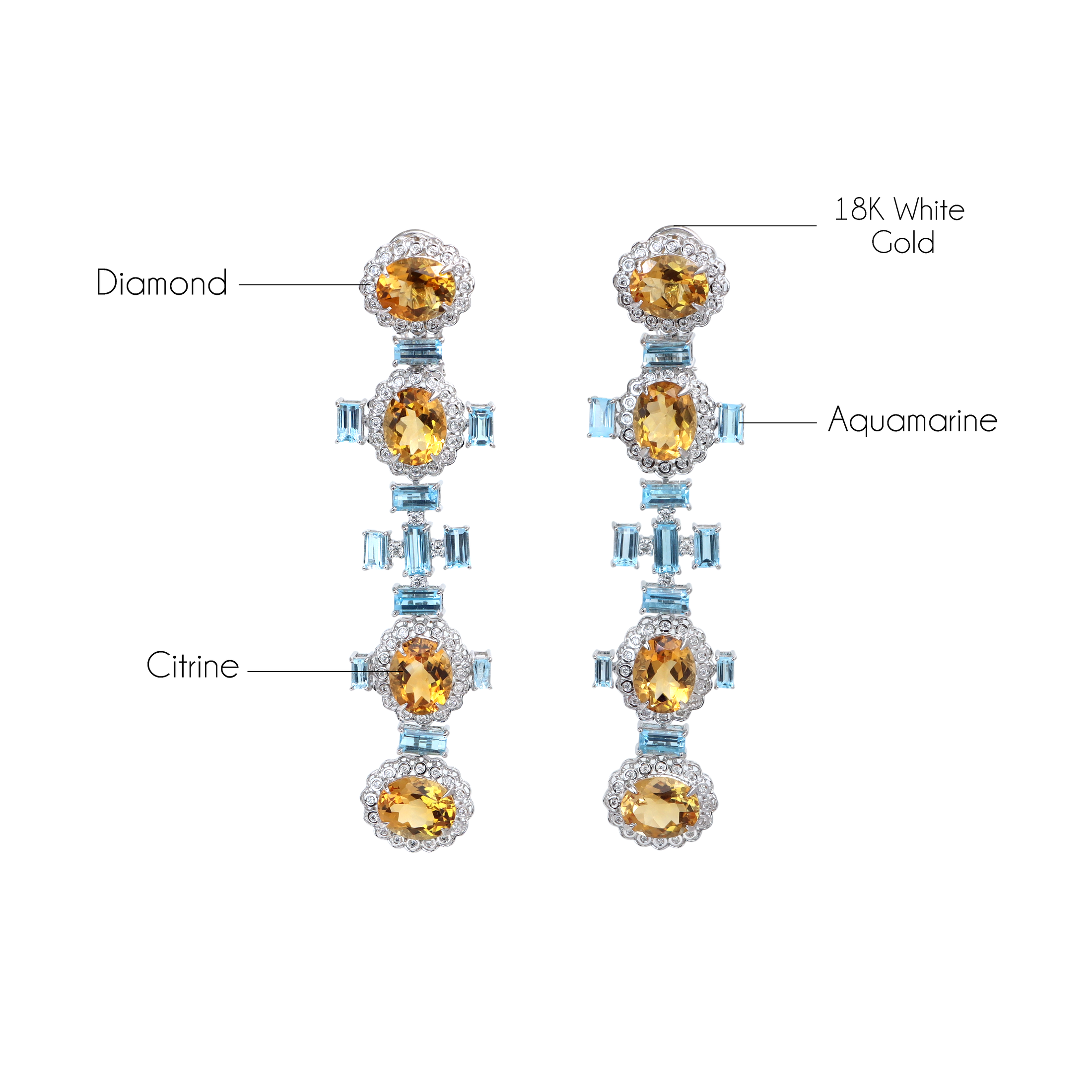 Natural Citrine and Aqua 18K gold earrings side angle - NFJSD-1825