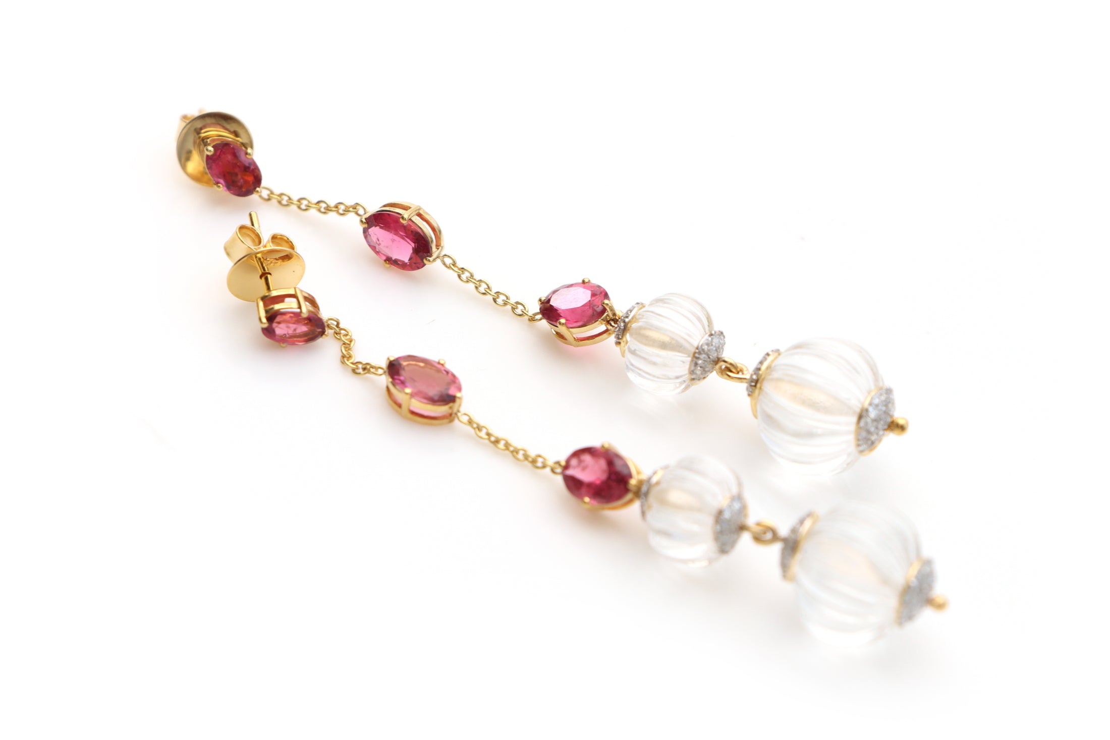 Natural Tourmaline Oval Cut and Crystal Carving Balls 14K gold earrings front view - NFJSD-1138