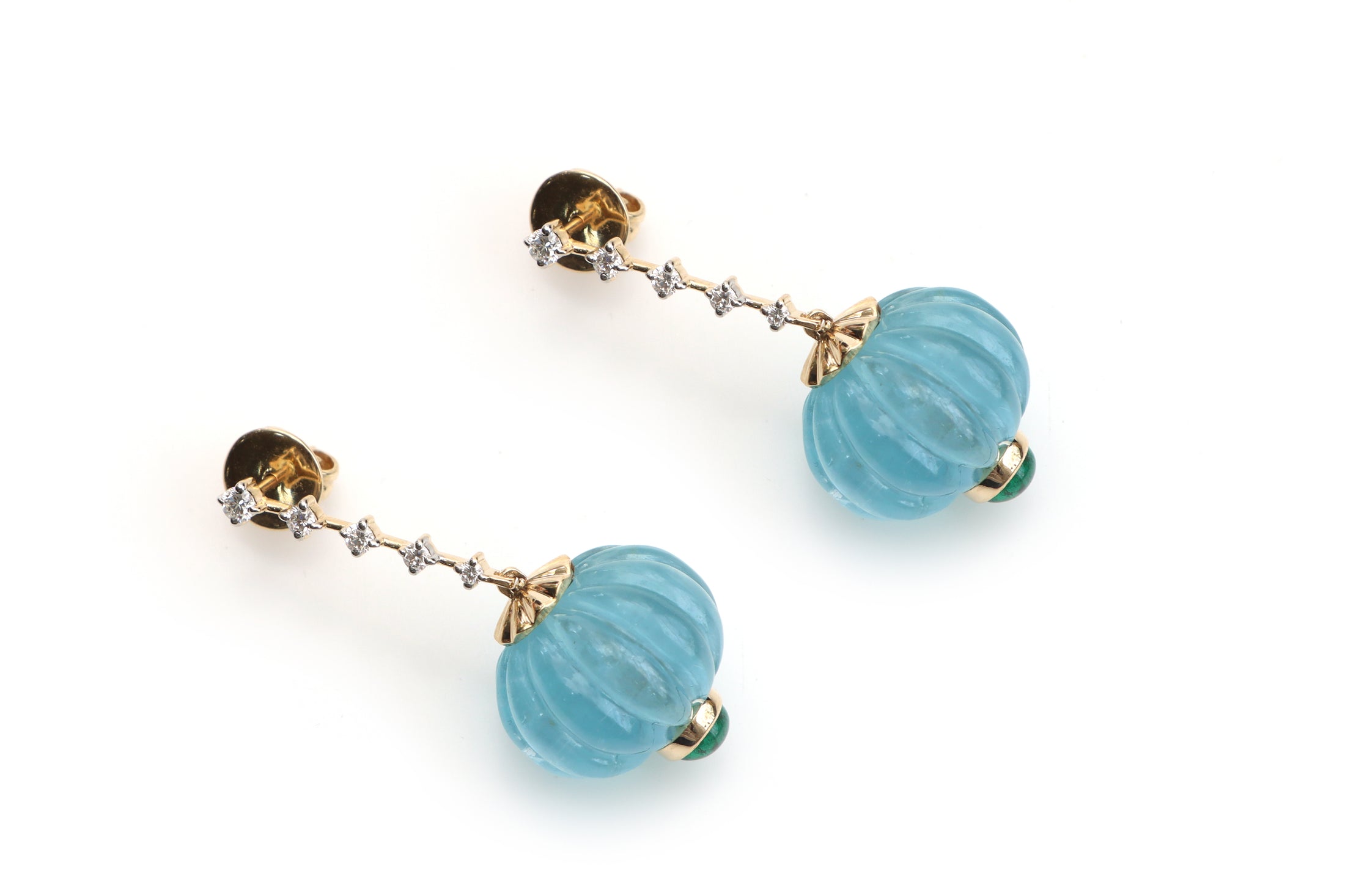 Natural Emerald Round Cabs and Aquamarine Carving Balls 14K gold earrings front view - NFJSD-1074