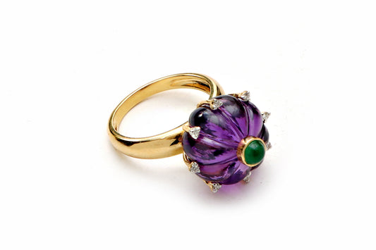 Natural Amethyst Carving and Emerald Round Cabs 14K gold ring front view - NFJSD-1018