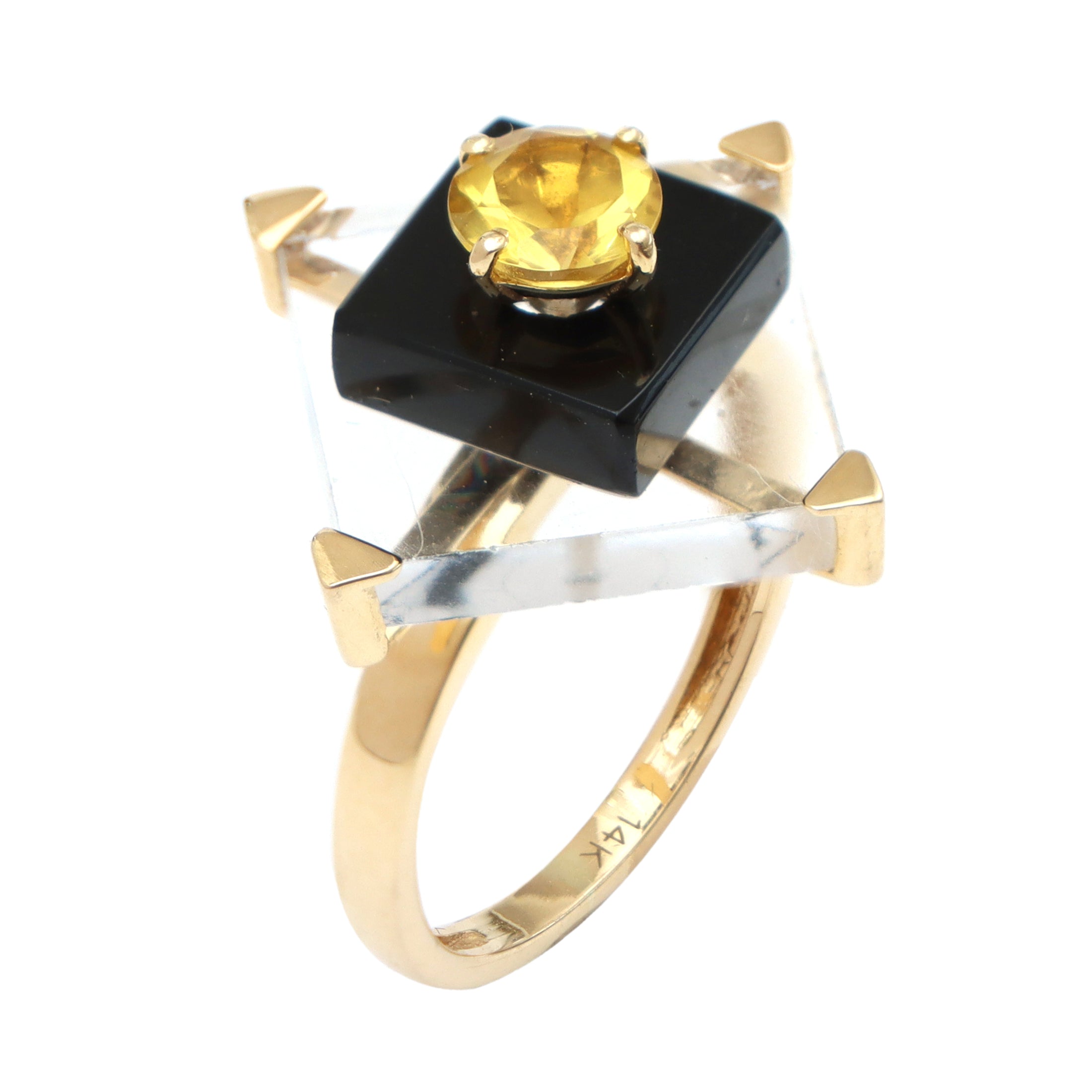 Natural Black onyx & Crystal Square Flat and Yellow Aquamarine Round Cut 14K gold ring back view - NFJSD-1041