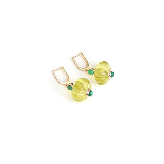 Natural Lemon Quartz and Emerald 14K gold earrings front view - NFJSD-2047