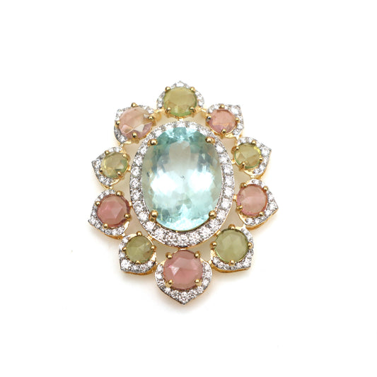 Natural Aquamarine and Tourmaline 18K gold pendant front view - NFJSD-1457