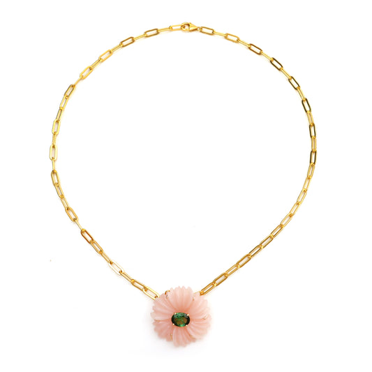 Natural Pink Opal and Tourmaline 14K gold pendant front view - NFJSD-1624