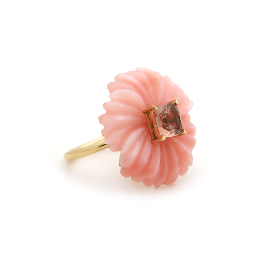 Natural Pink Opal and Pink Tourmaline 14K gold ring front view - NFJSD-1585