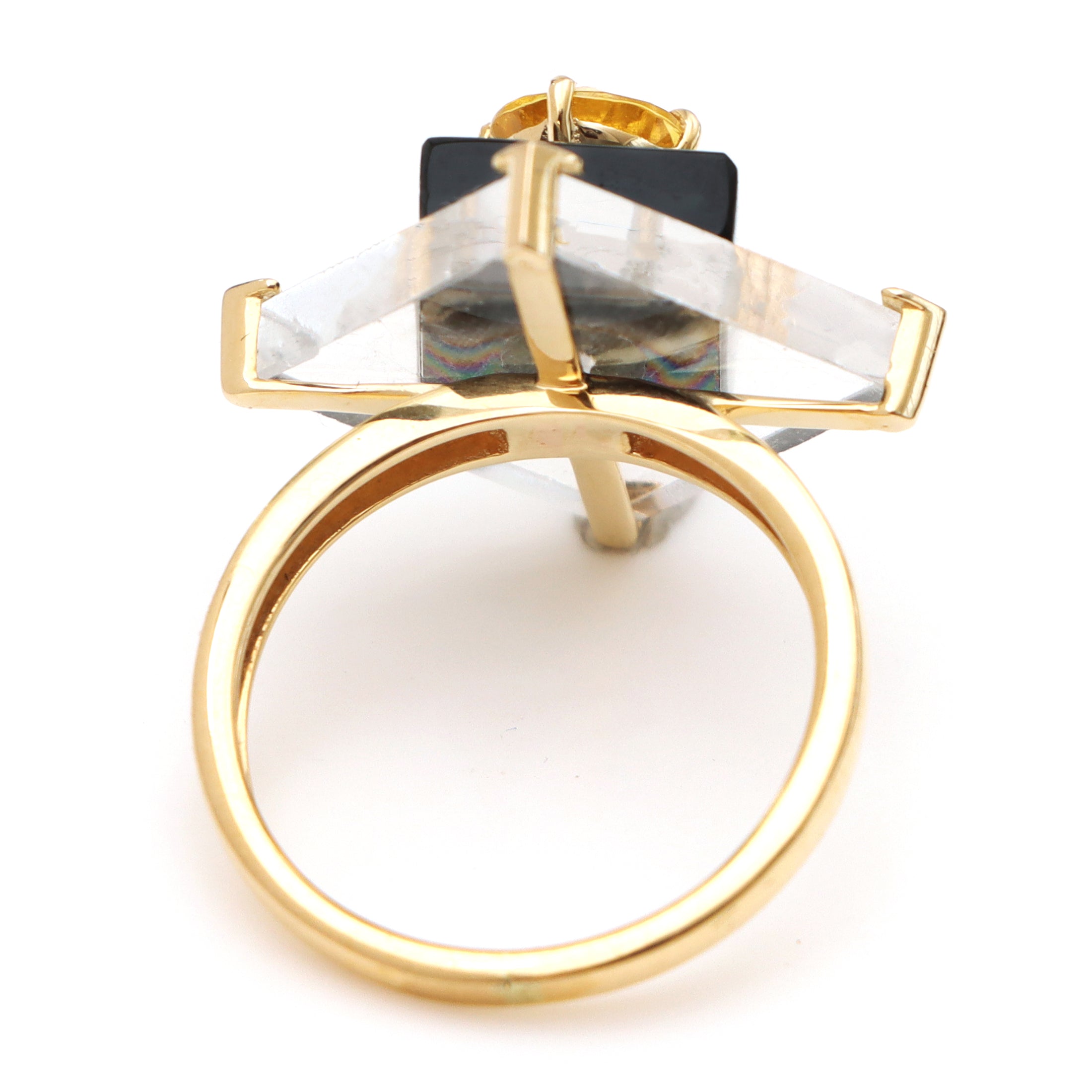 Natural Black onyx & Crystal Square Flat and Yellow Aquamarine Round Cut 14K gold ring close-up detail - NFJSD-1041