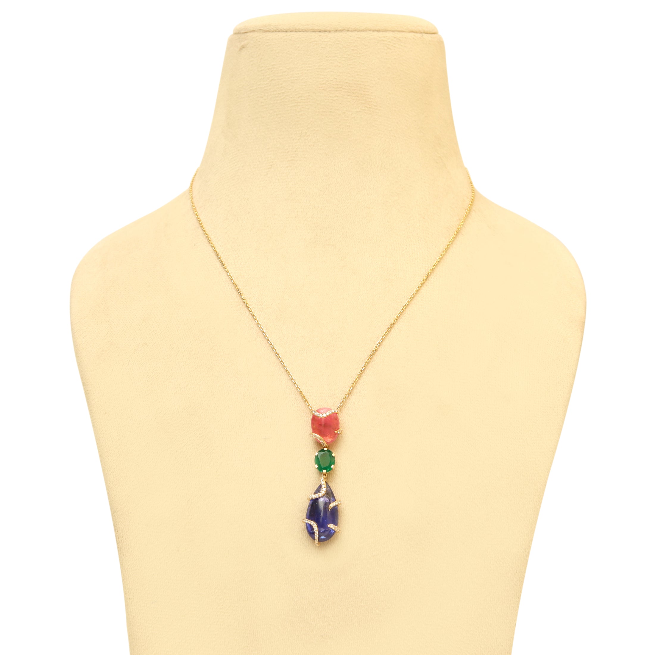 Natural Emerald and Tourmaline 18K gold necklace front view - NFJSD-1950