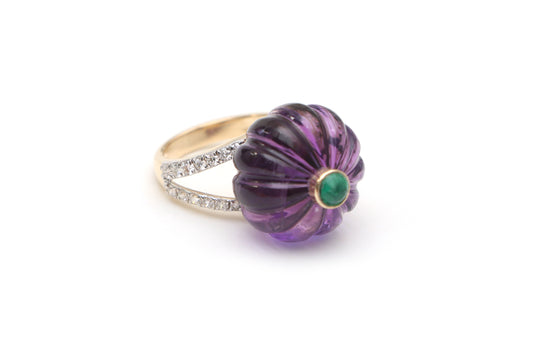Natural Emerald Round Cabs and Amethyst Carving Balls 14K gold ring front view - NFJSD-1056