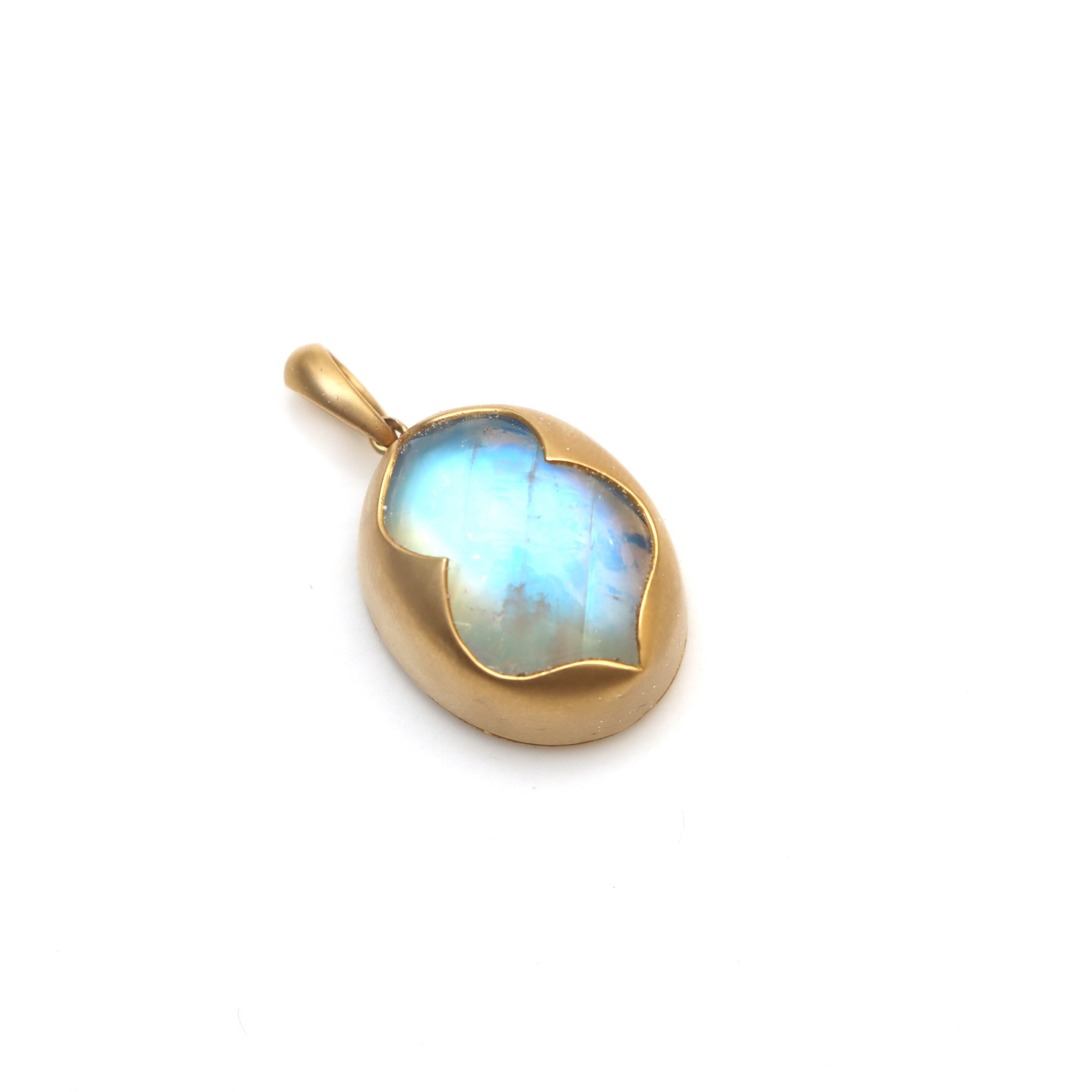 Natural Rainbow Moonstone Oval Cab and Black Onyx Oval Coin 18K gold pendant front view - NFJSD-1413