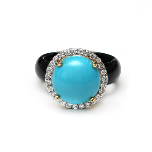 Natural Black Onyx and Turquoise 14K gold ring front view - NFJSD-1369