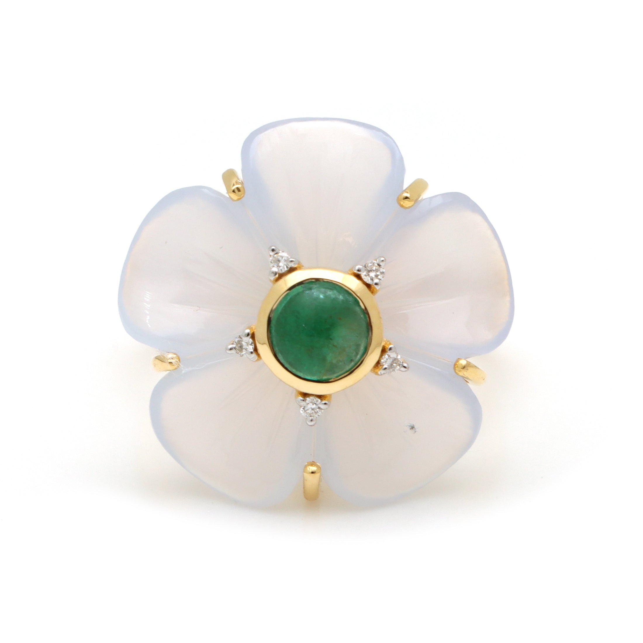 Natural Blue Chalcedony and Emerald 14K gold ring close-up detail - NFJSD-1649