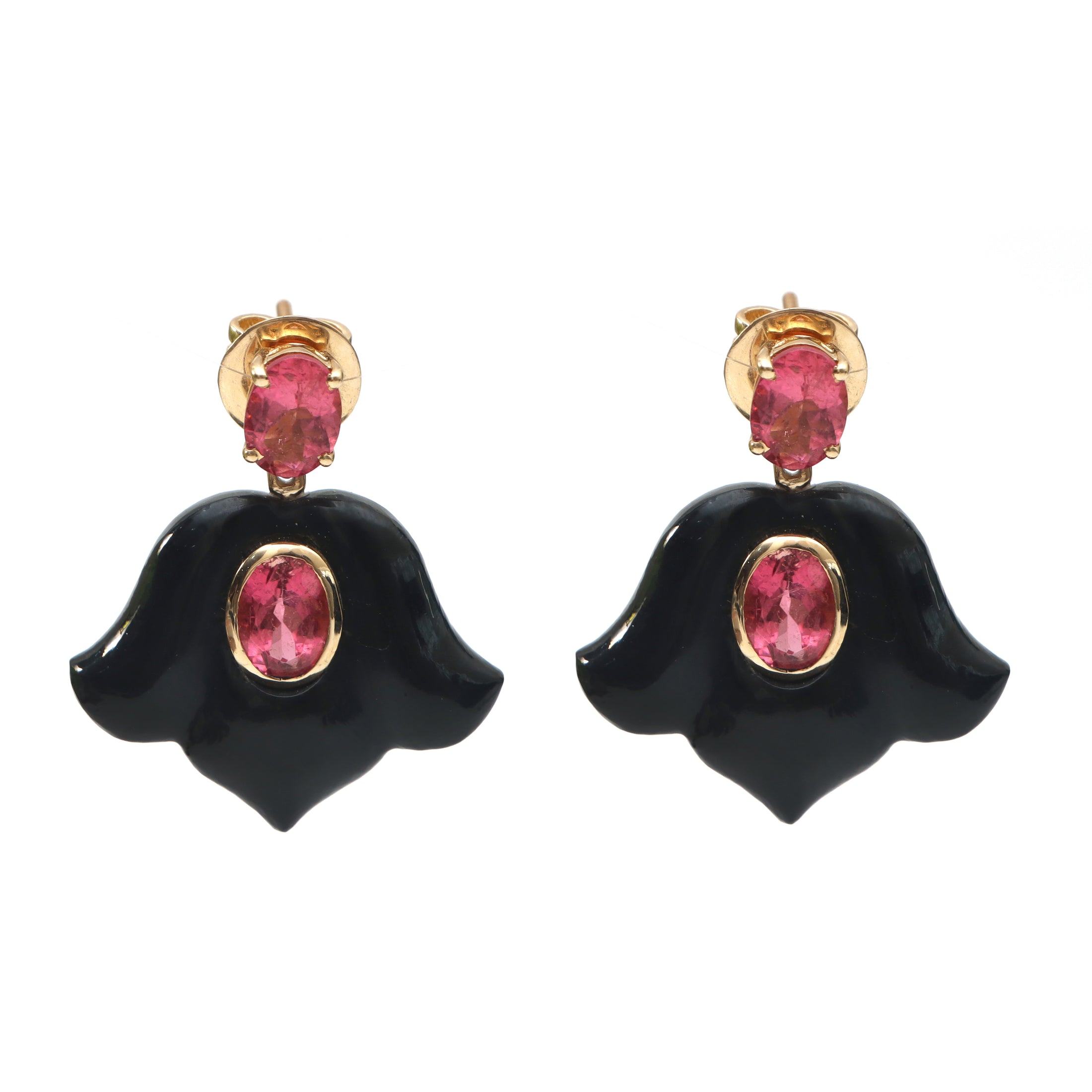 Natural Tourmaline Oval Cut and Black Onyx Carving 14K gold earrings close-up detail - NFJSD-1033