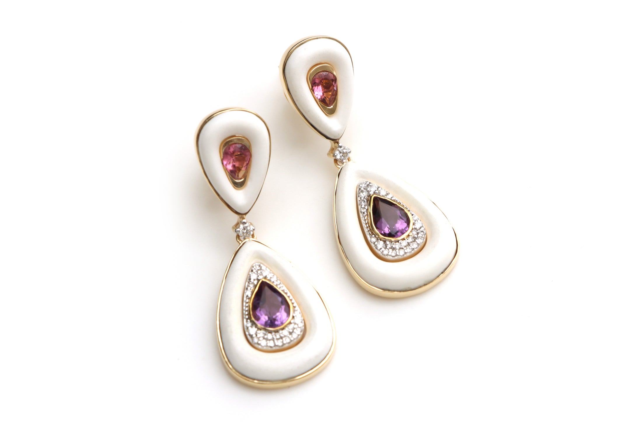 Natural Amethyst Pear Cut and Tourmaline Pear Cut 14K gold earrings front view - NFJSD-1295