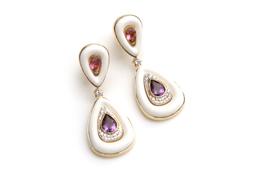 Natural Amethyst Pear Cut and Tourmaline Pear Cut 14K gold earrings front view - NFJSD-1295