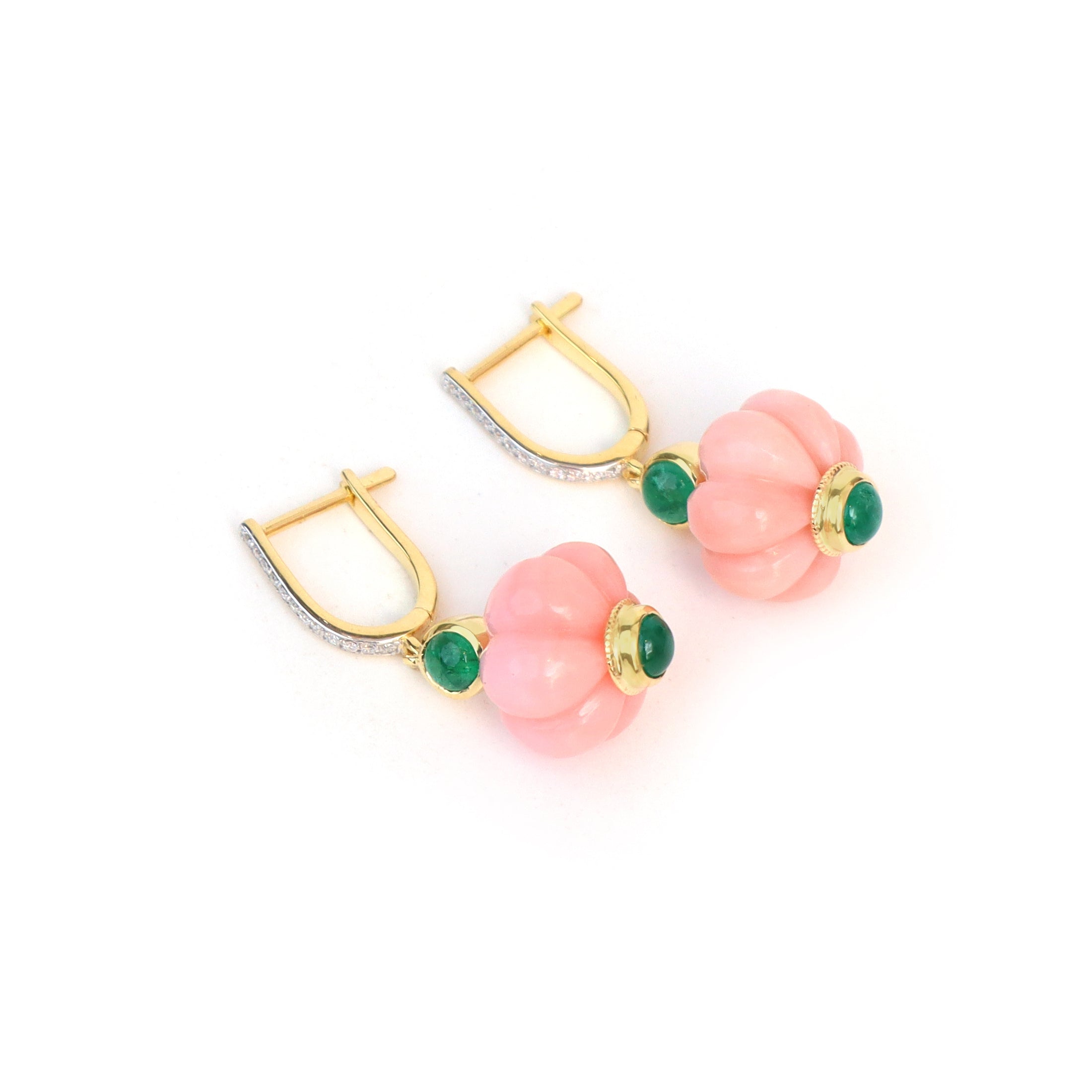 Natural Pink Opal and Emerald 18K gold earrings top view - NFJSD-1781