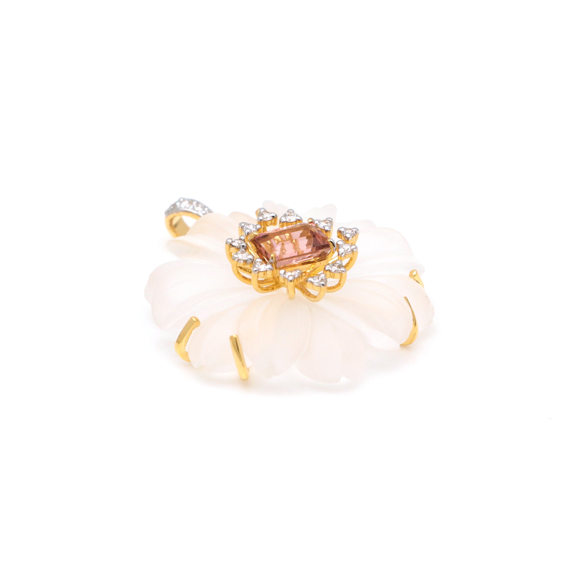 Natural Crystal Carving and Tourmaline 18K gold pendant close-up detail - NFJSD-1708