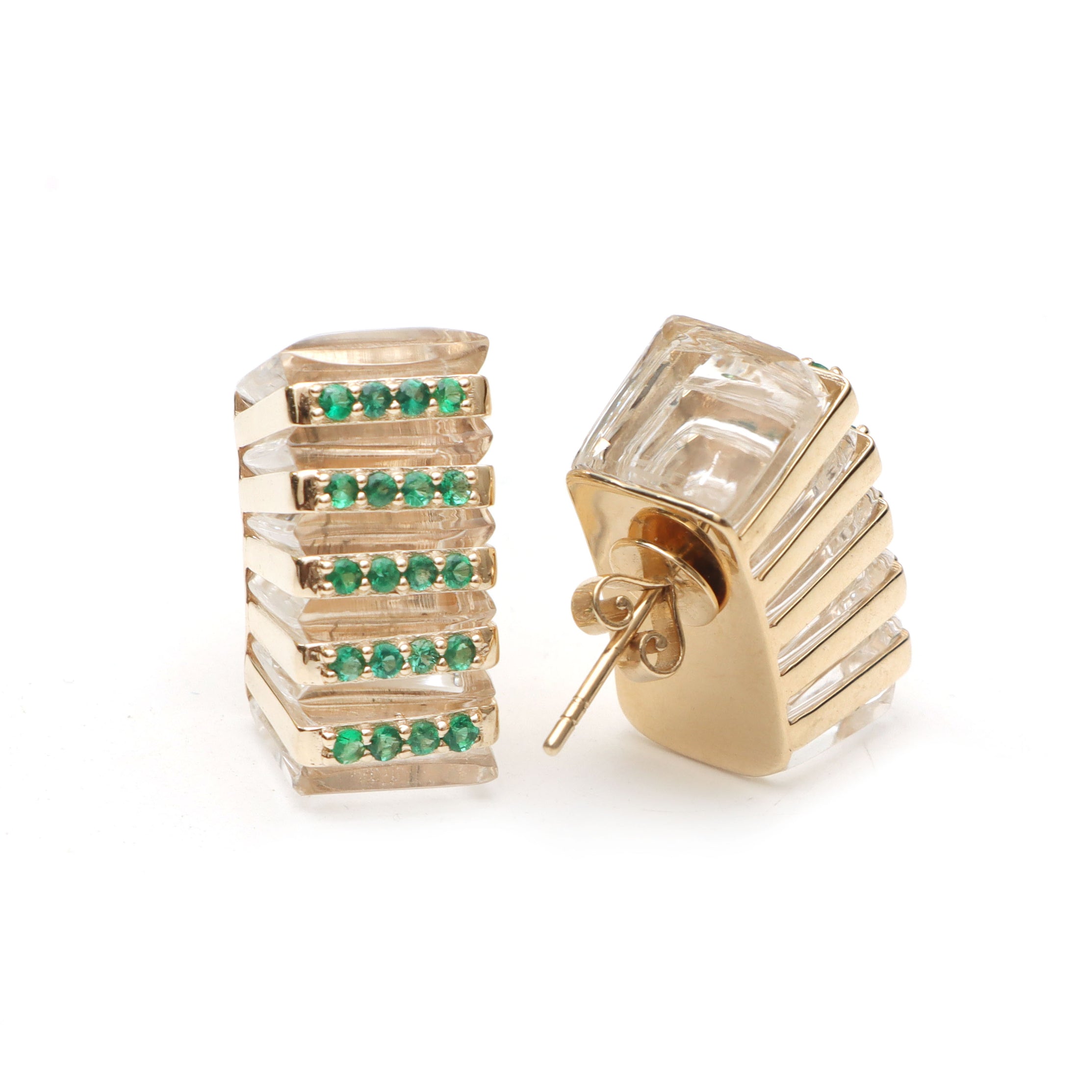Natural Emerald Round Cuts and Crystal Quartz Fancy Carving 14K gold earrings close-up detail - NFJSD-1061