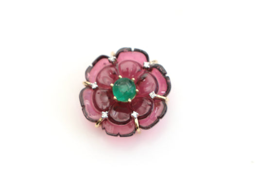 Natural Emerald Round Cab and Tourmaline Carving Flower 14K gold pendant front view - NFJSD-1117