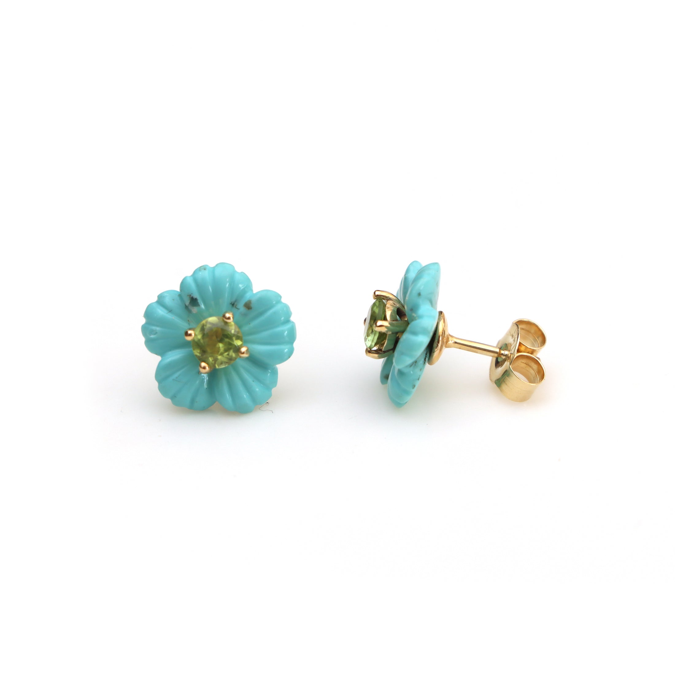 Natural Turquoise and Tourmaline 14K gold earrings front view - NFJSD-1502