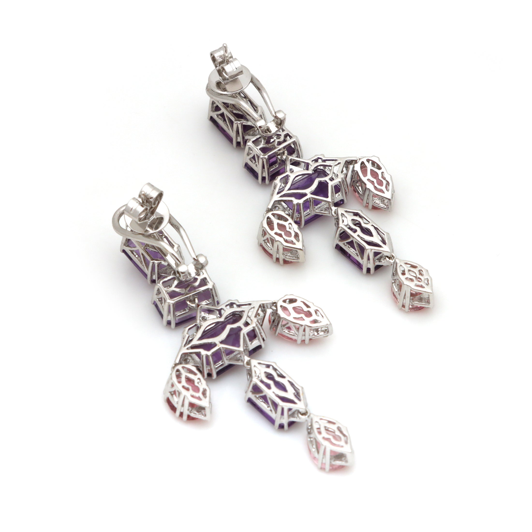 Natural Amethyst and Tourmaline 18K gold earrings side angle - NFJSD-1689