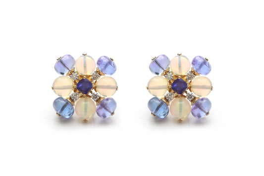 Natural Tanzanite Square Cut and Tanzanite Smooth Beads 14K gold earrings front view - NFJSD-1109