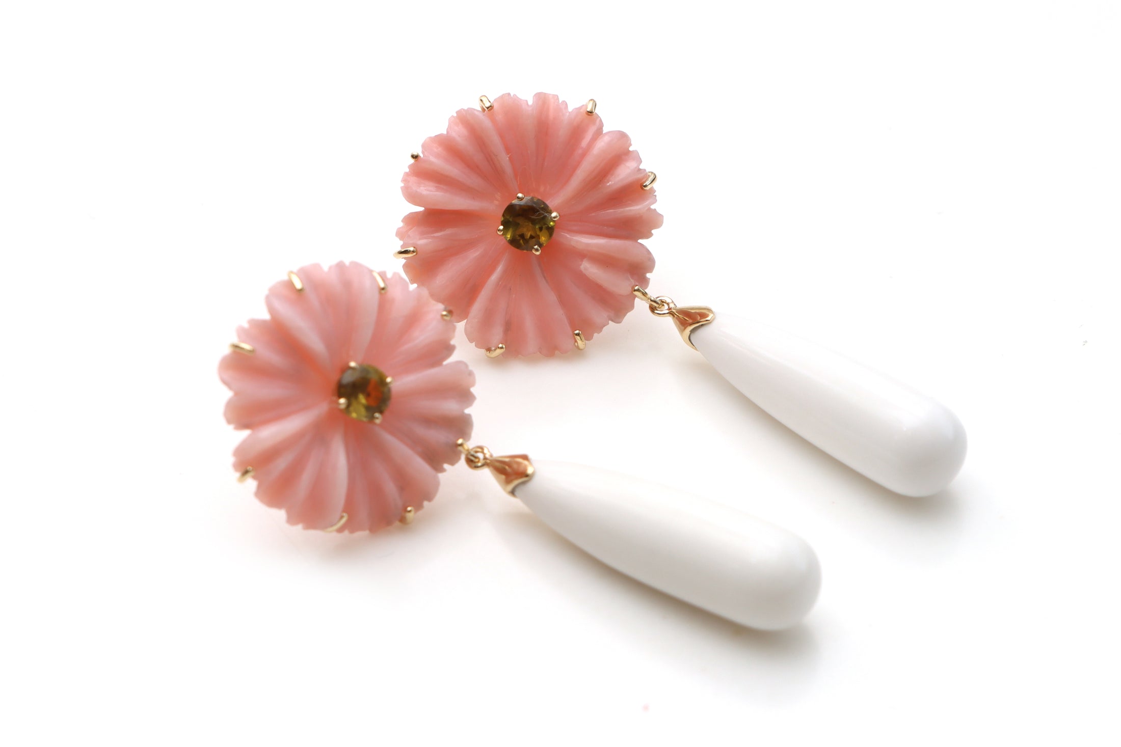 Natural Tourmaline Round Cut and Pink Opal Flower 14K gold earrings front view - NFJSD-1123