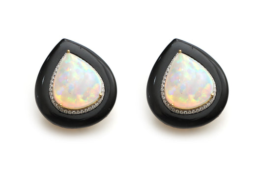 Natural Black Onyx Frame Pear and Ethiopian Opal Pear Cabs 14K gold earrings front view - NFJSD-1308