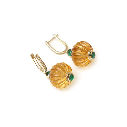 Natural Citrine and Emerald 14K gold earrings front view - NFJSD-1899