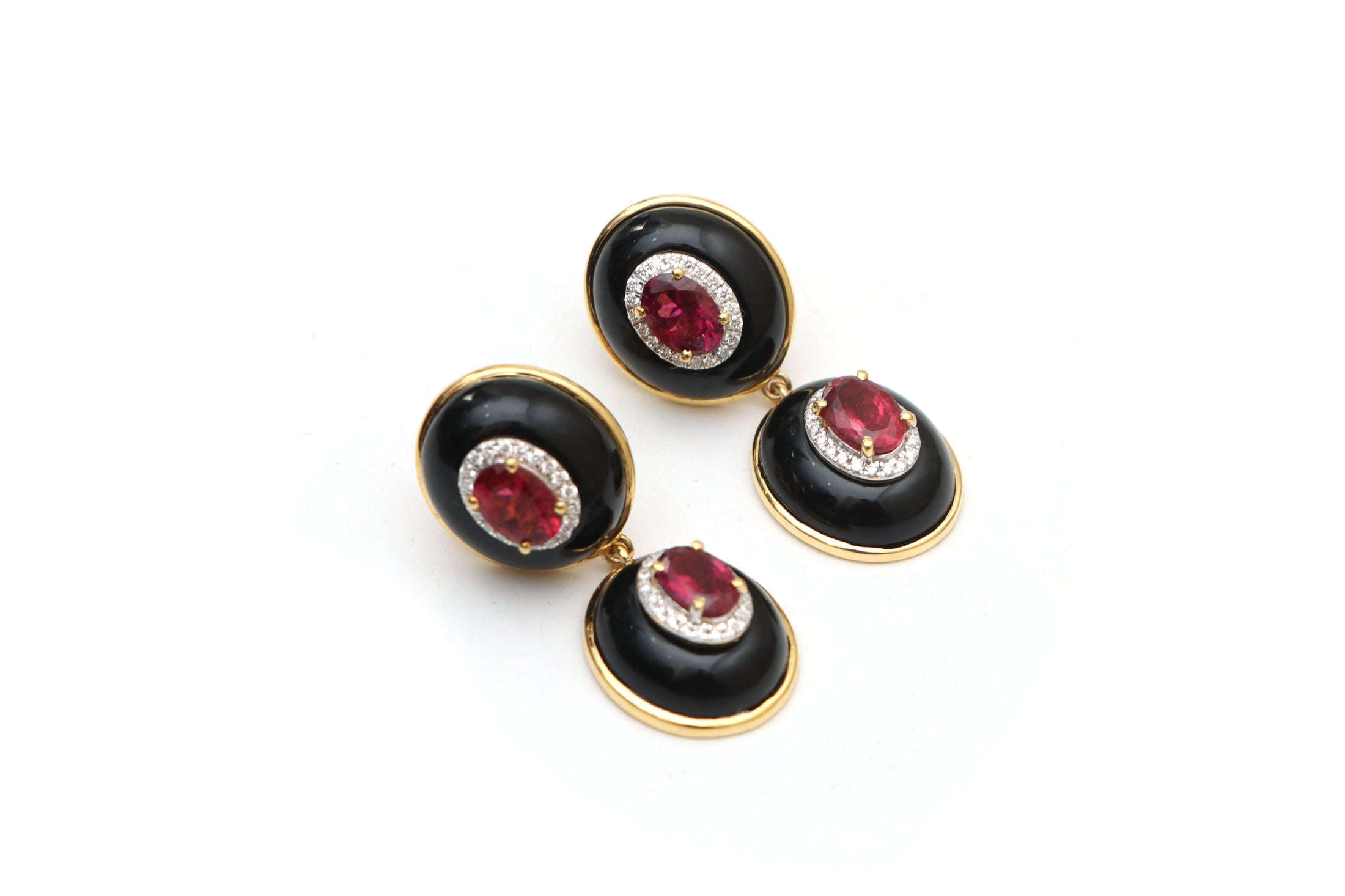 Natural Black Onyx Oval Frame and Tourmaline Oval Cut 14K gold earrings front view - NFJSD-1016