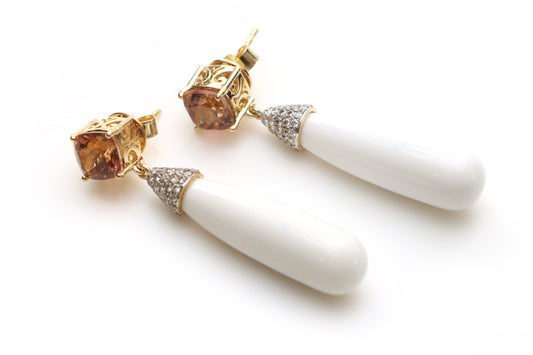 Natural Tourmaline Cushion Cut and White Agate Smooth Drops 14K gold earrings front view - NFJSD-1237