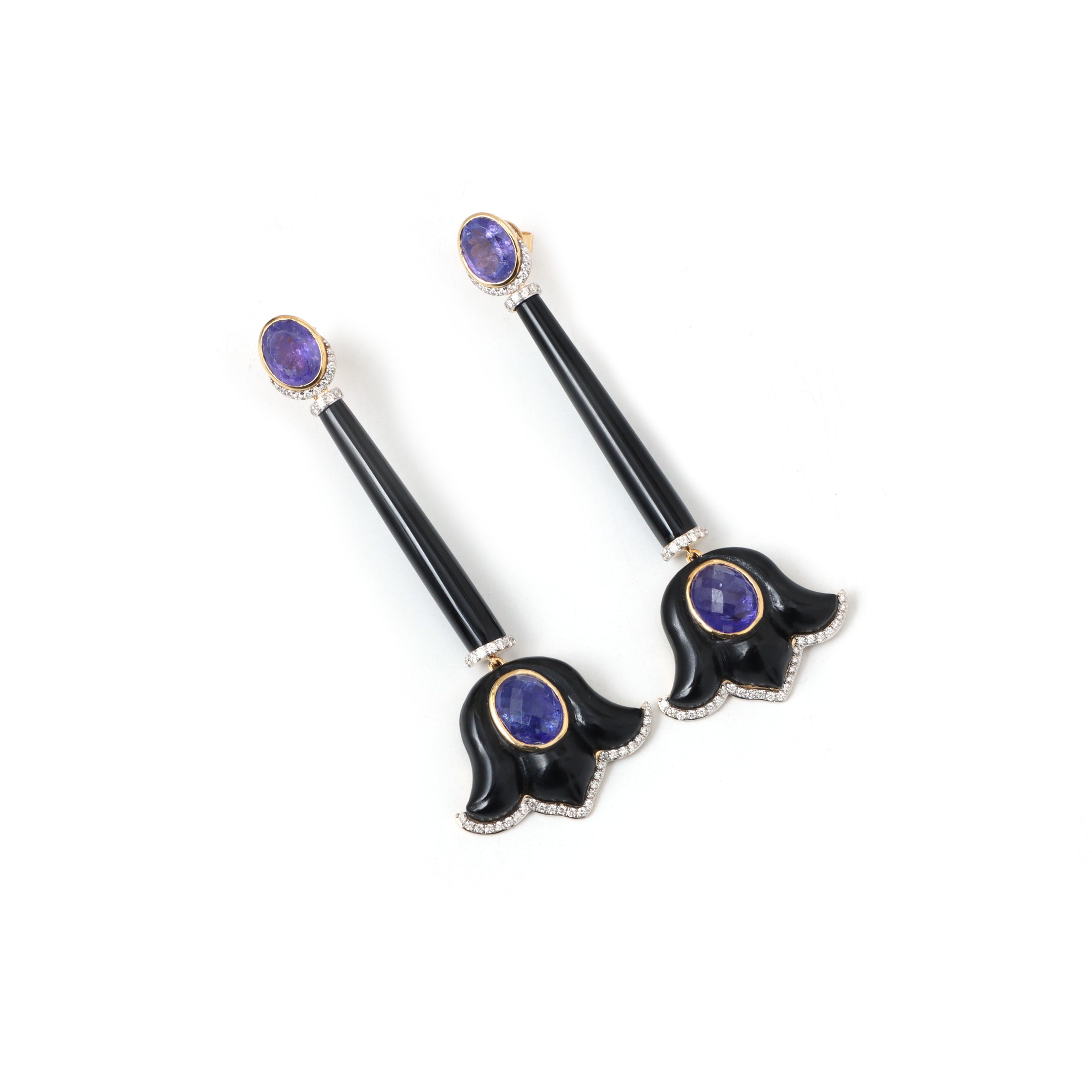 Natural Black Onyx and Tanzanite 18K gold earrings top view - NFJSD-1834